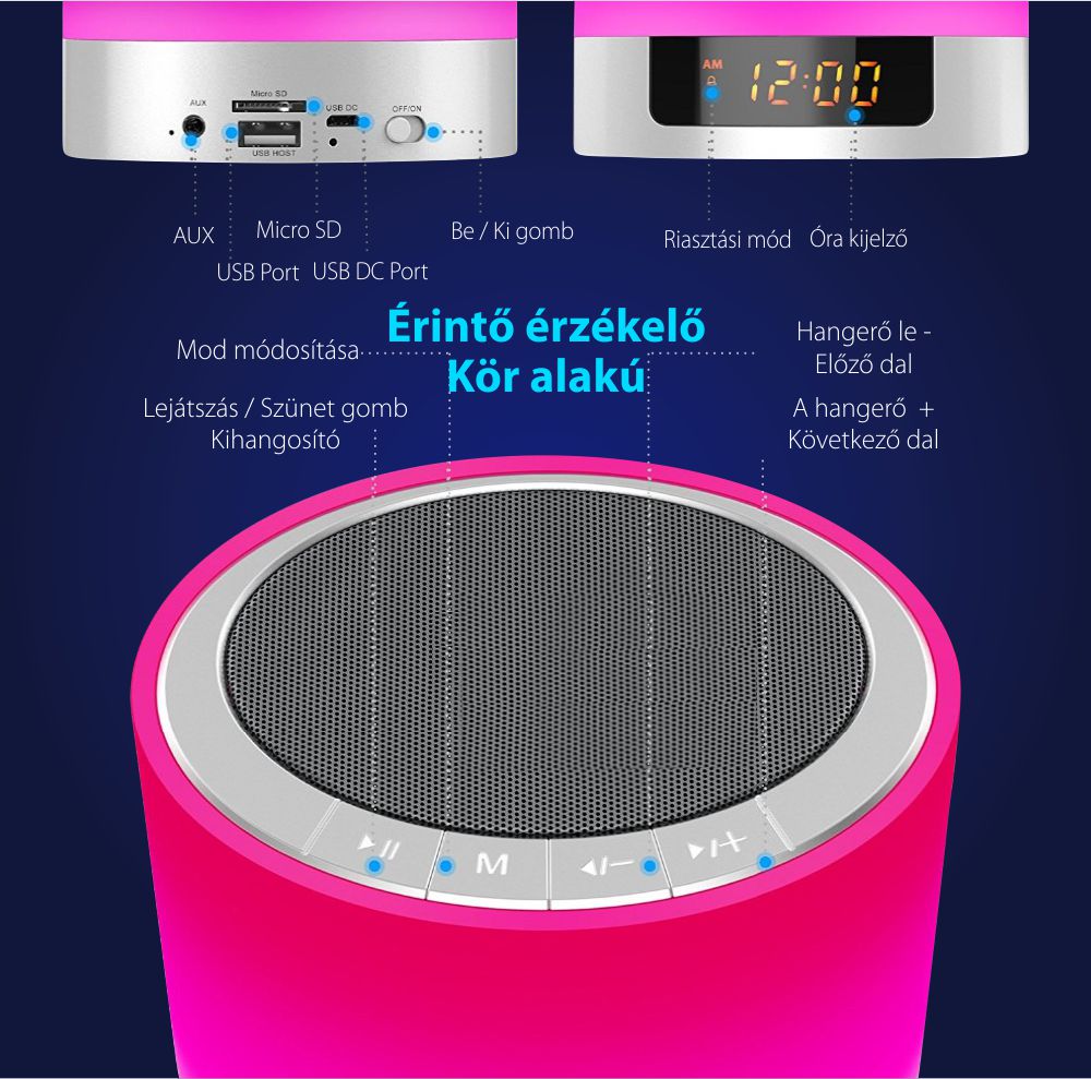 Okos Hordozható Wi-Fi hangszóró és RGB lámpa, Ébresztőóra, Bluetooth 4.0 Red Sun DY-29