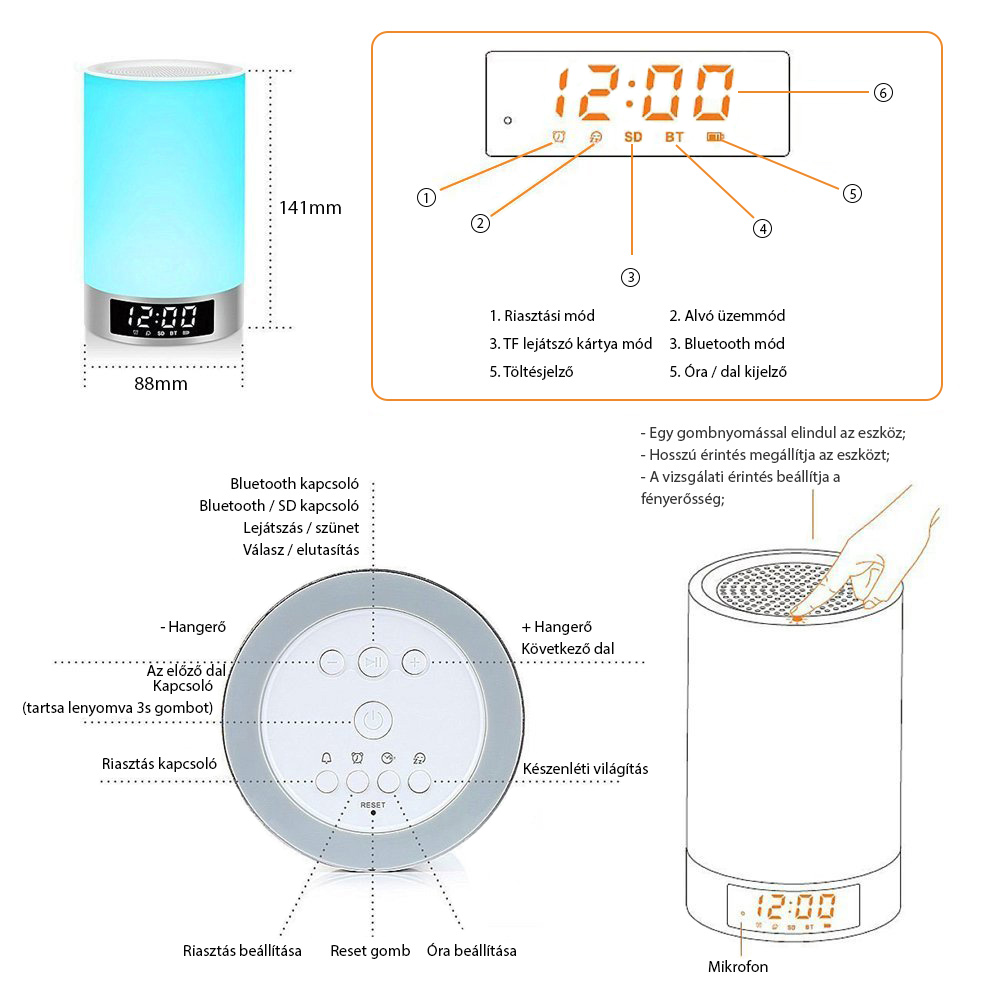 Hordozható Okos Hangszóró Érintéssel, Bluetooth, Vezeték nélküli, RGB LED Lámpával