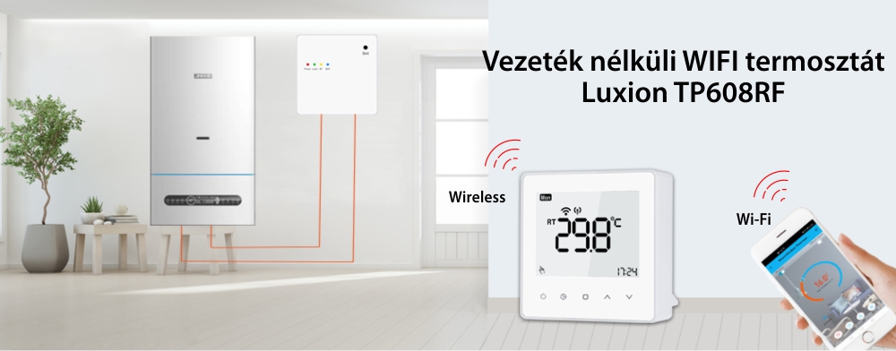 Luxion TP608RFW Wi-Fi Okos Termosztát Vevővel Gáz vagy Elektromos kazánhoz, Programozható, Alexa, Google, Smart Life alkalmazás