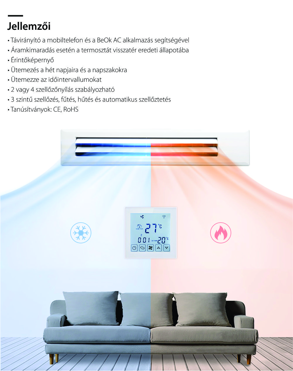 Vezetékes Légkondicionáló Termosztát, Mobiltelefon-vezérlés, Kompatibilis a HVAC rendszerekkel, BeOk TDS23WiFi-AC