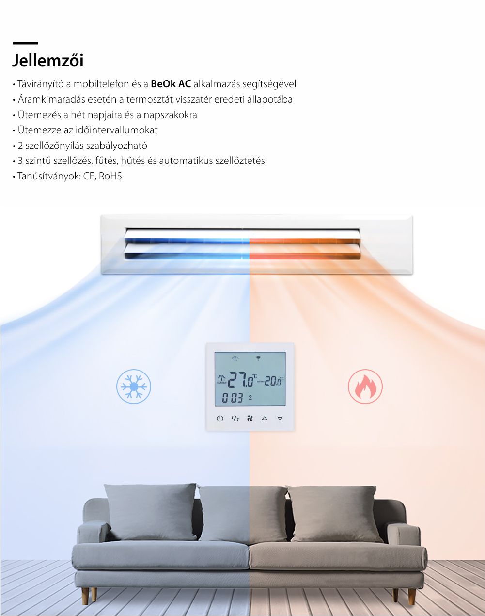 Vezetékes Légkondicionáló Termosztát BeOk TDS21WIFI-AC2, Mobiltelefon-vezérlés, Kompatibilis a HVAC