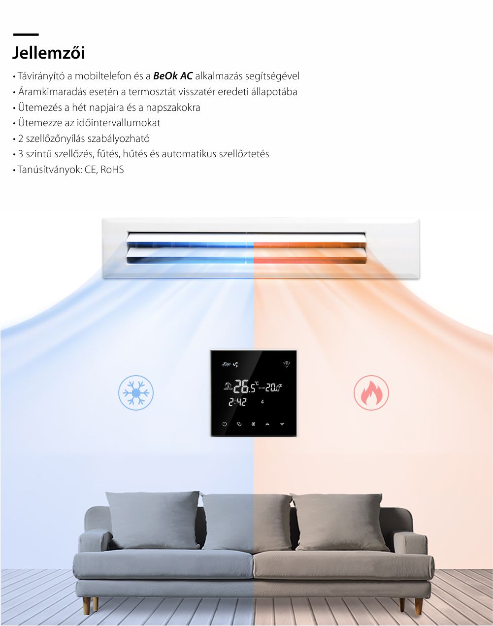 Vezetékes Légkondicionáló Termosztát BeOk TGT70WIFI-AC2, Mobiltelefon-vezérlés, Kompatibilis a HVAC rendszerekke
