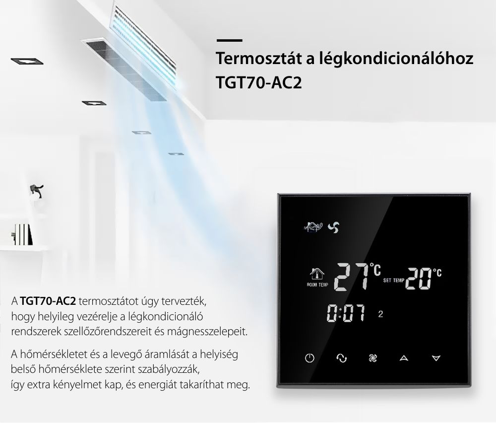 Vezetékes Termosztát Légkondicionáláshoz BeOk TGT70-AC2, Kompatibilis a HVAC rendszerekkel