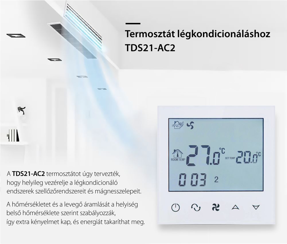 Vezetékes Termosztát Légkondicionáláshoz BeOk TDS21-AC2, Kompatibilis HVAC rendszerekkel