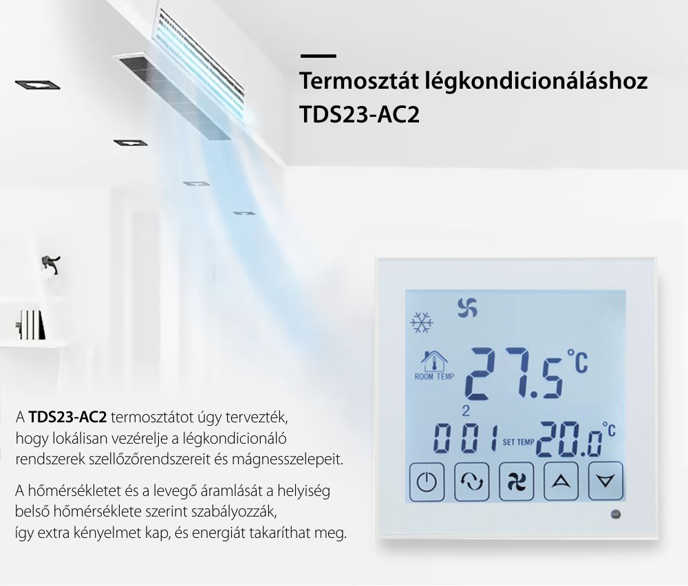 Vezetékes Termosztát Légkondicionáláshoz BeOk TDS23-AC2, Kompatibilis a HVAC rendszerekkel