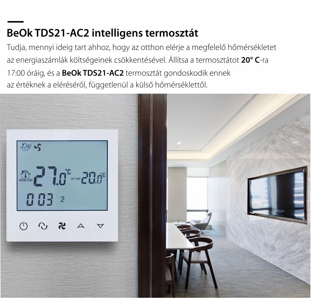 Vezetékes Termosztát Légkondicionáláshoz BeOk TDS21-AC2, Kompatibilis HVAC rendszerekkel