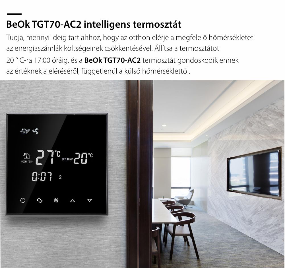 Vezetékes Termosztát Légkondicionáláshoz BeOk TGT70-AC2, Kompatibilis a HVAC rendszerekkel