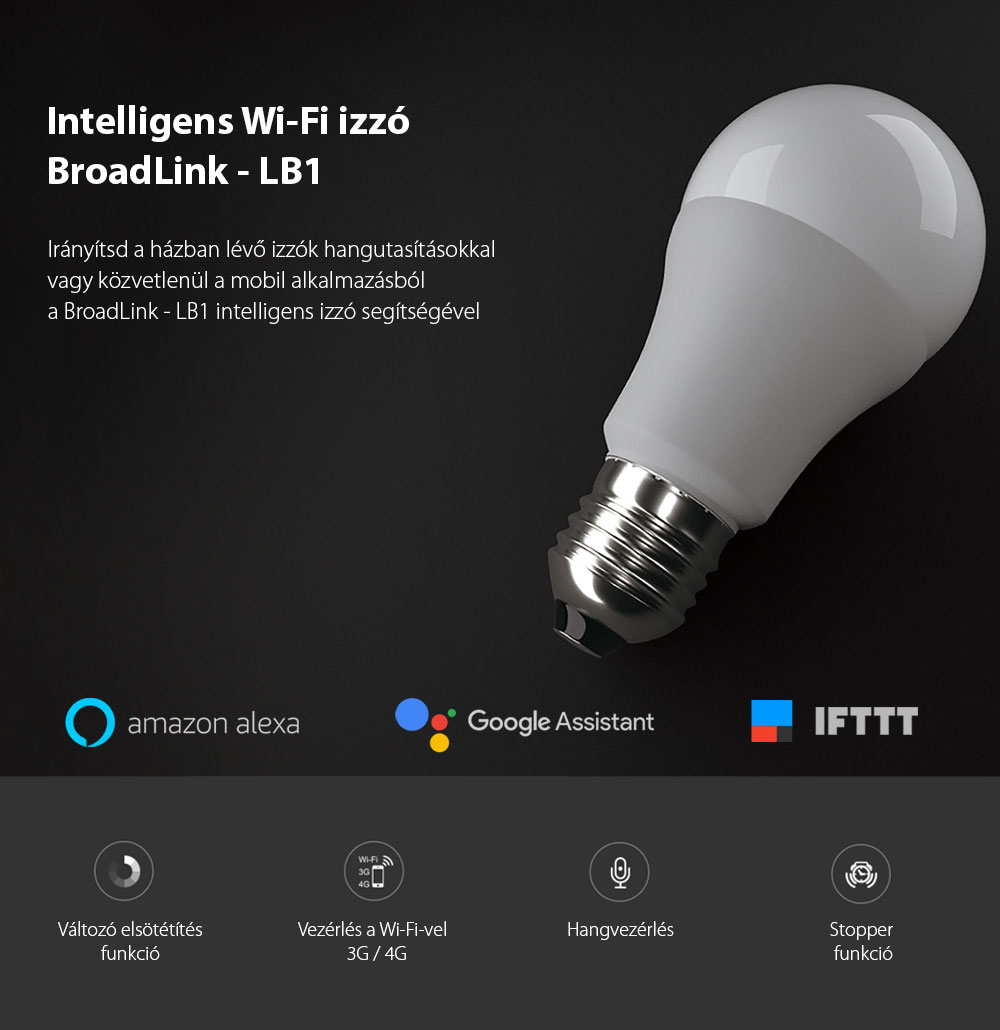 4 db. Intelligens Wi-fi Izzó Csomag Broadlink Fastcon, Tompítható, E27, 6,5 W, Kompatibilis Amazon Alexa, Google Home, Mobiltelefon vezérlés
