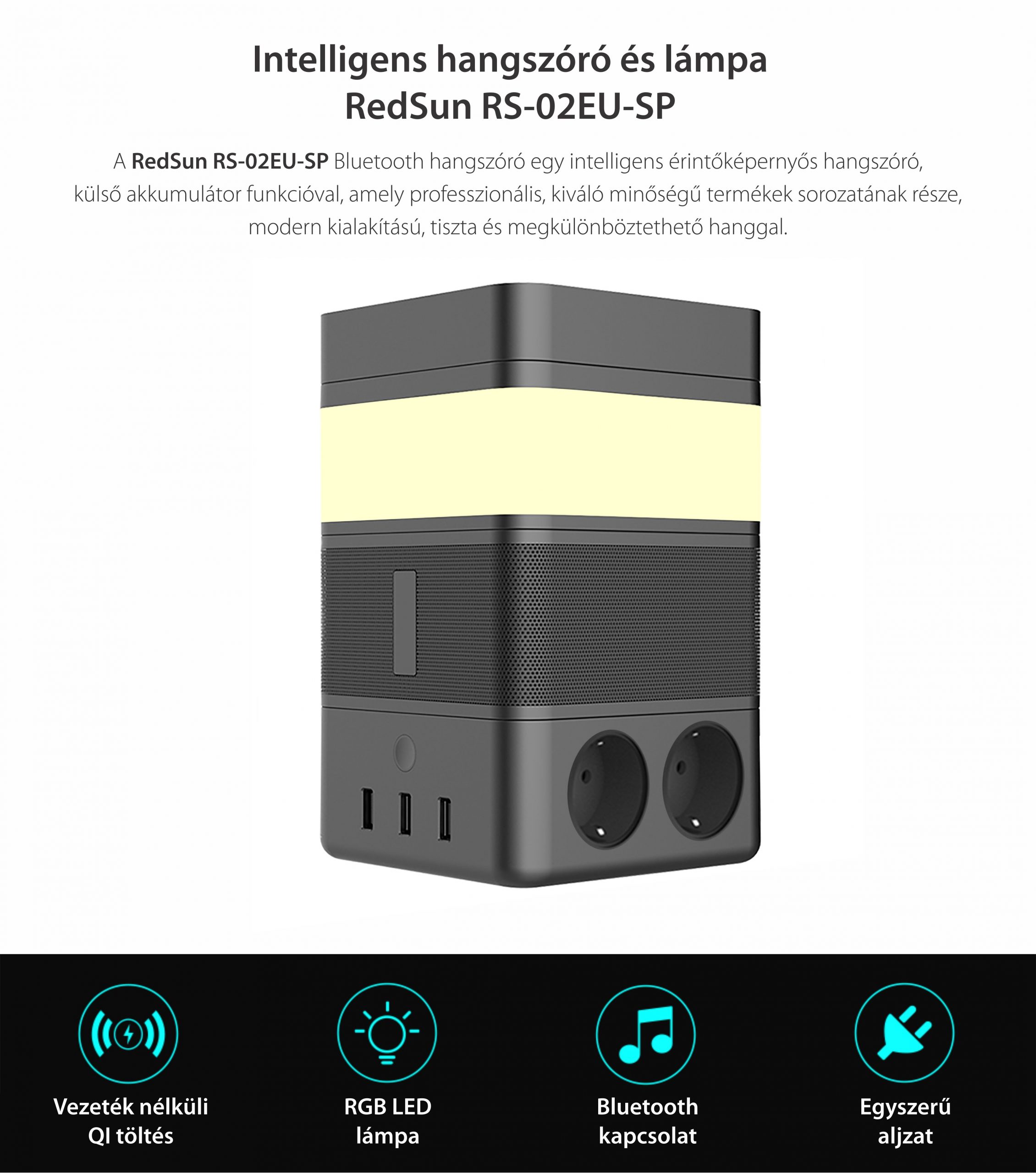 Hordozható Hangszóró Okos lámpával, Külső akkumulátor funkció, Vezeték nélküli töltő, Bluetooth, Redsun RS-02EU-SP