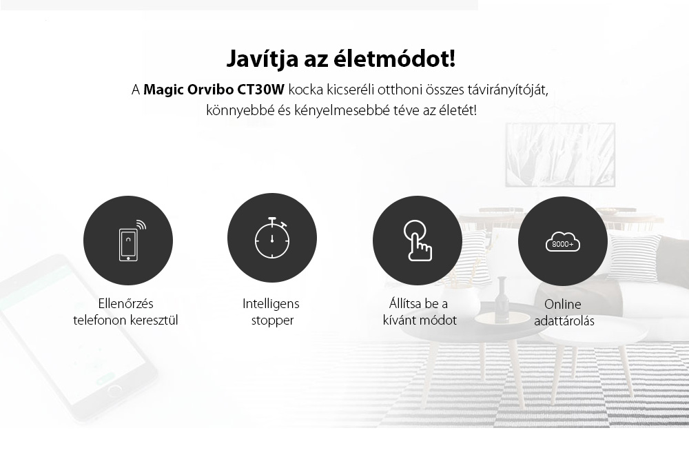 Univerzális távirányító Orvibo CT30W Magic Cube, Wi-Fi + IR, Működési tartomány programozás, Mobiltelefon vezérlés, Android / iOS