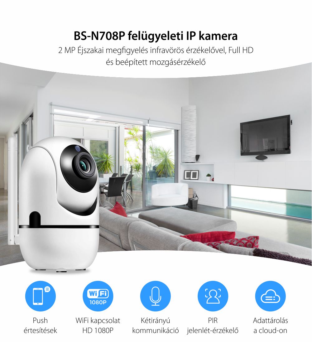 Rotációs Megfigyelő Kamera Bs-n708p Ip, Wifi, 3,6 Mm, 2,0 Mp Cmos, 1080p, Kétirányú Kommunikáció, Éjszakai látás, Mozgásérzékelés, Cloud tárolás, Riasztás, Mobiltelefon-megfigyelés