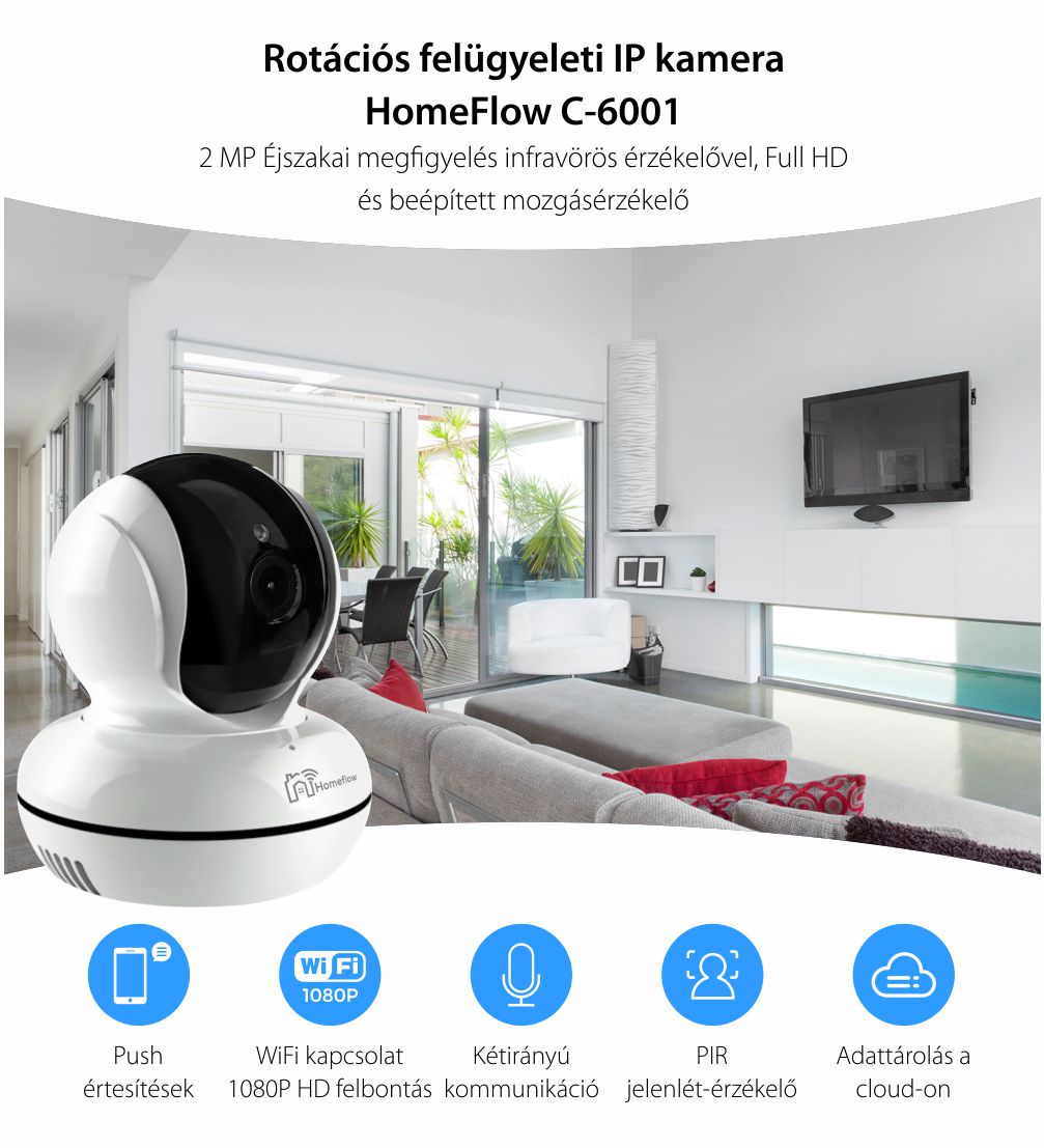 Rotációs Vezeték Nélküli Kamera Homeflow C-6001, Kétirányú kommunikáció, Mozgásérzékelés, Rögzítés, Mobiltelefon-vezérlés