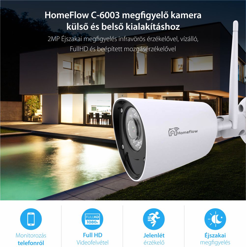 Külső Vezeték Nélküli Kamera Homeflow C-6003, Mozgásérzékelő, Éjjellátó, Mobiltelefon-vezérlés