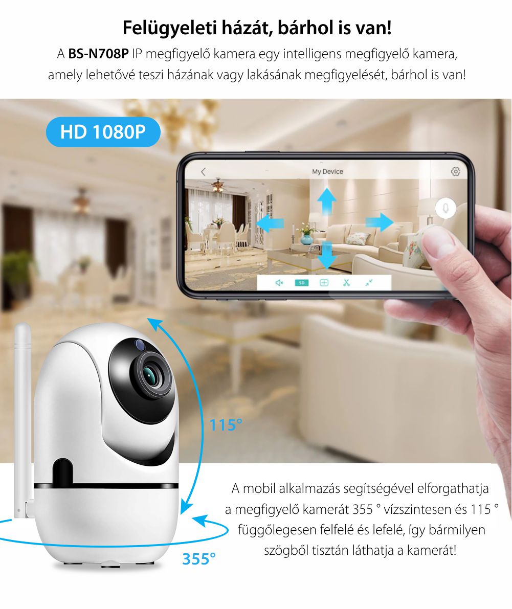 Rotációs Megfigyelő Kamera Bs-n708p Ip, Wifi, 3,6 Mm, 2,0 Mp Cmos, 1080p, Kétirányú Kommunikáció, Éjszakai látás, Mozgásérzékelés, Cloud tárolás, Riasztás, Mobiltelefon-megfigyelés