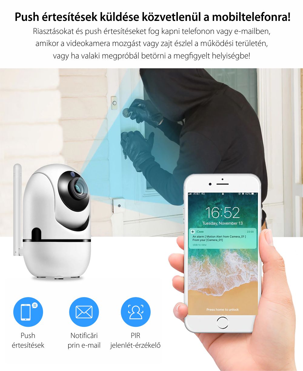 Rotációs Megfigyelő Kamera Bs-n708p Ip, Wifi, 3,6 Mm, 2,0 Mp Cmos, 1080p, Kétirányú Kommunikáció, Éjszakai látás, Mozgásérzékelés, Cloud tárolás, Riasztás, Mobiltelefon-megfigyelés