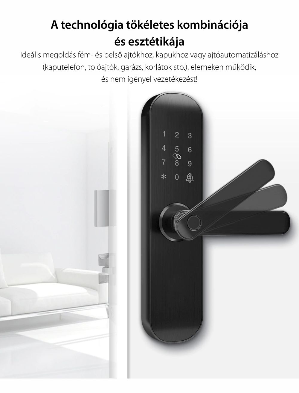 Homeflow L-7001 intelligens zár, PIN-kód, NFC-kártya, Ujjlenyomat, Fémkulcs, telefon- / táblagép-vezérlés, Érintőpanel, Valós idejű megfigyelés, Kompatibilis Google Assistant, Amazon Alexa