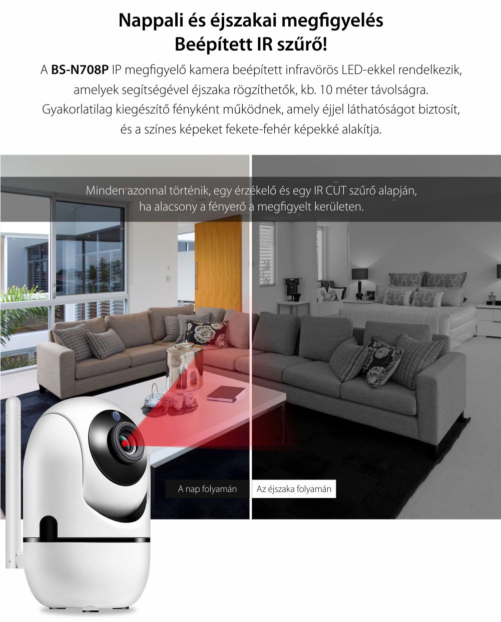 Rotációs Megfigyelő Kamera Bs-n708p Ip, Wifi, 3,6 Mm, 2,0 Mp Cmos, 1080p, Kétirányú Kommunikáció, Éjszakai látás, Mozgásérzékelés, Cloud tárolás, Riasztás, Mobiltelefon-megfigyelés