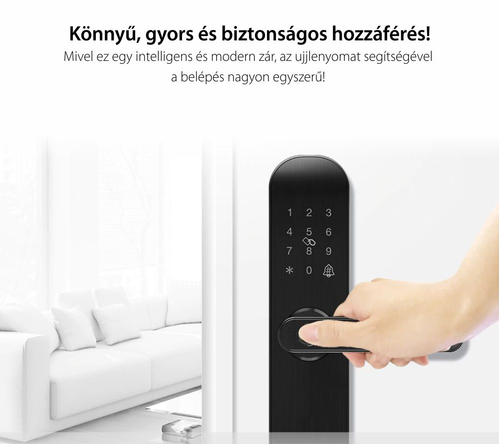 Homeflow L-7001 intelligens zár, PIN-kód, NFC-kártya, Ujjlenyomat, Fémkulcs, telefon- / táblagép-vezérlés, Érintőpanel, Valós idejű megfigyelés, Kompatibilis Google Assistant, Amazon Alexa