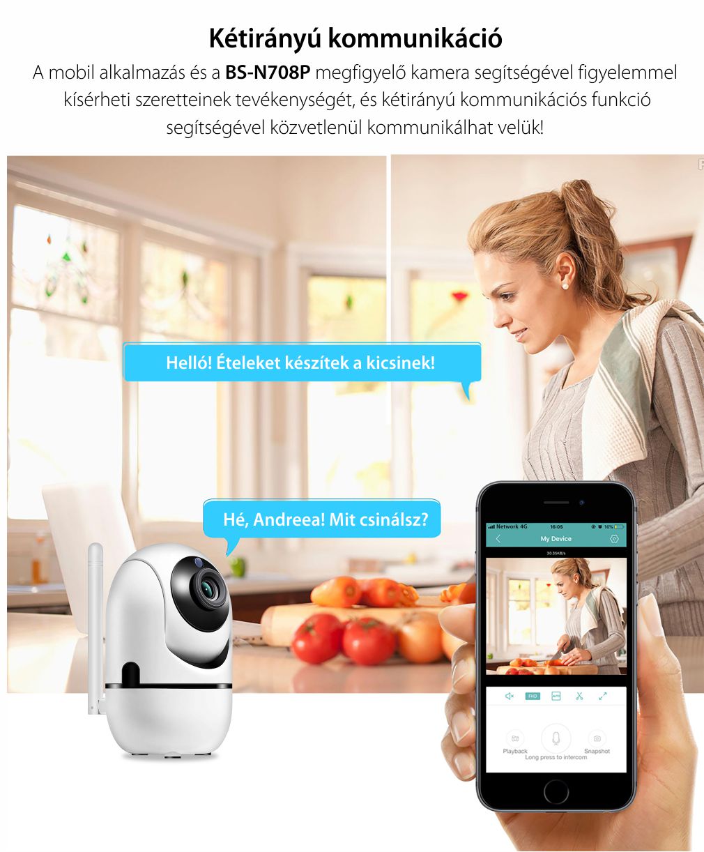 Rotációs Megfigyelő Kamera Bs-n708p Ip, Wifi, 3,6 Mm, 2,0 Mp Cmos, 1080p, Kétirányú Kommunikáció, Éjszakai látás, Mozgásérzékelés, Cloud tárolás, Riasztás, Mobiltelefon-megfigyelés