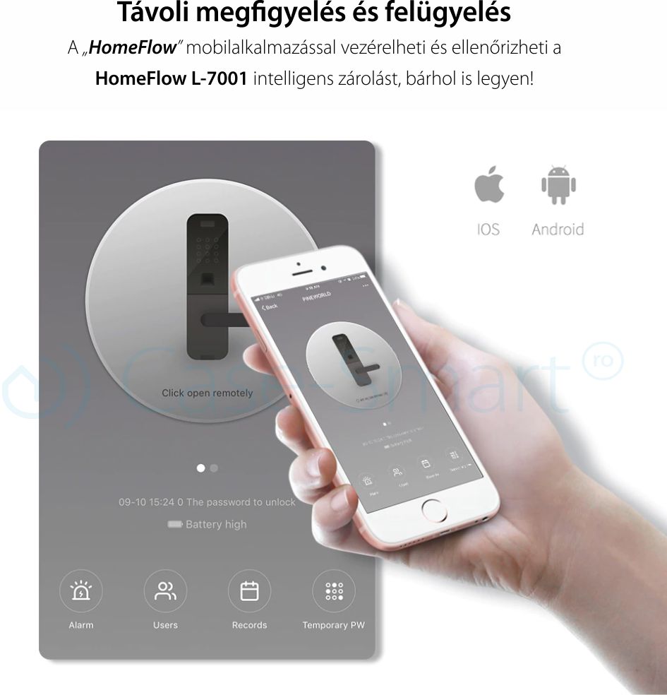 Homeflow L-7001 intelligens zár, PIN-kód, NFC-kártya, Ujjlenyomat, Fémkulcs, telefon- / táblagép-vezérlés, Érintőpanel, Valós idejű megfigyelés, Kompatibilis Google Assistant, Amazon Alexa