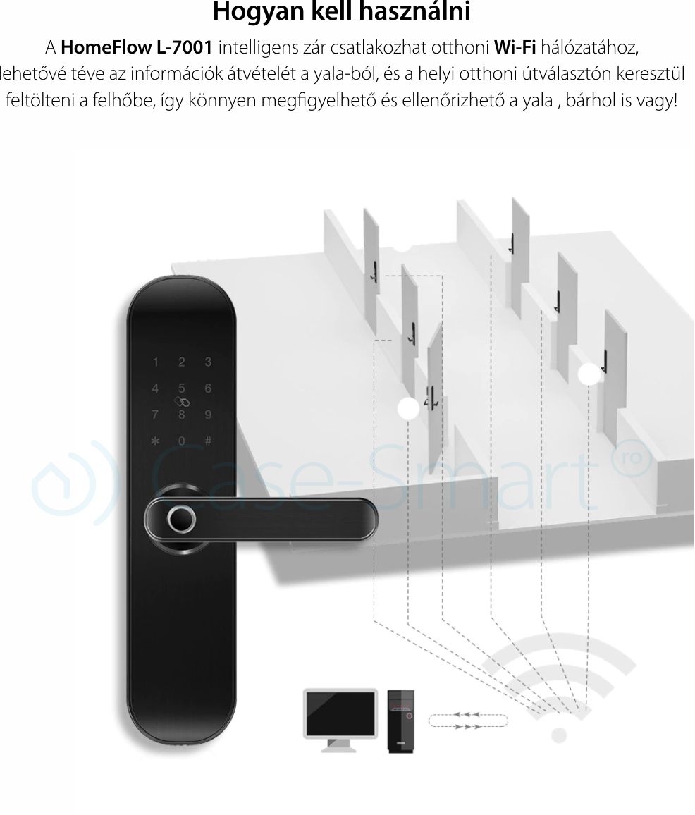 Homeflow L-7001 intelligens zár, PIN-kód, NFC-kártya, Ujjlenyomat, Fémkulcs, telefon- / táblagép-vezérlés, Érintőpanel, Valós idejű megfigyelés, Kompatibilis Google Assistant, Amazon Alexa