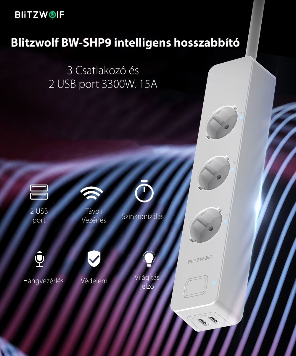 Okos Hosszabbító Blitzwolf BW-SHP9 , 3 Aljzat és 2 USB port, 3300W, 15A, Kompatibilis az Alexa és A Google Home-val , Fehér, Mobiltelefon vezérlés