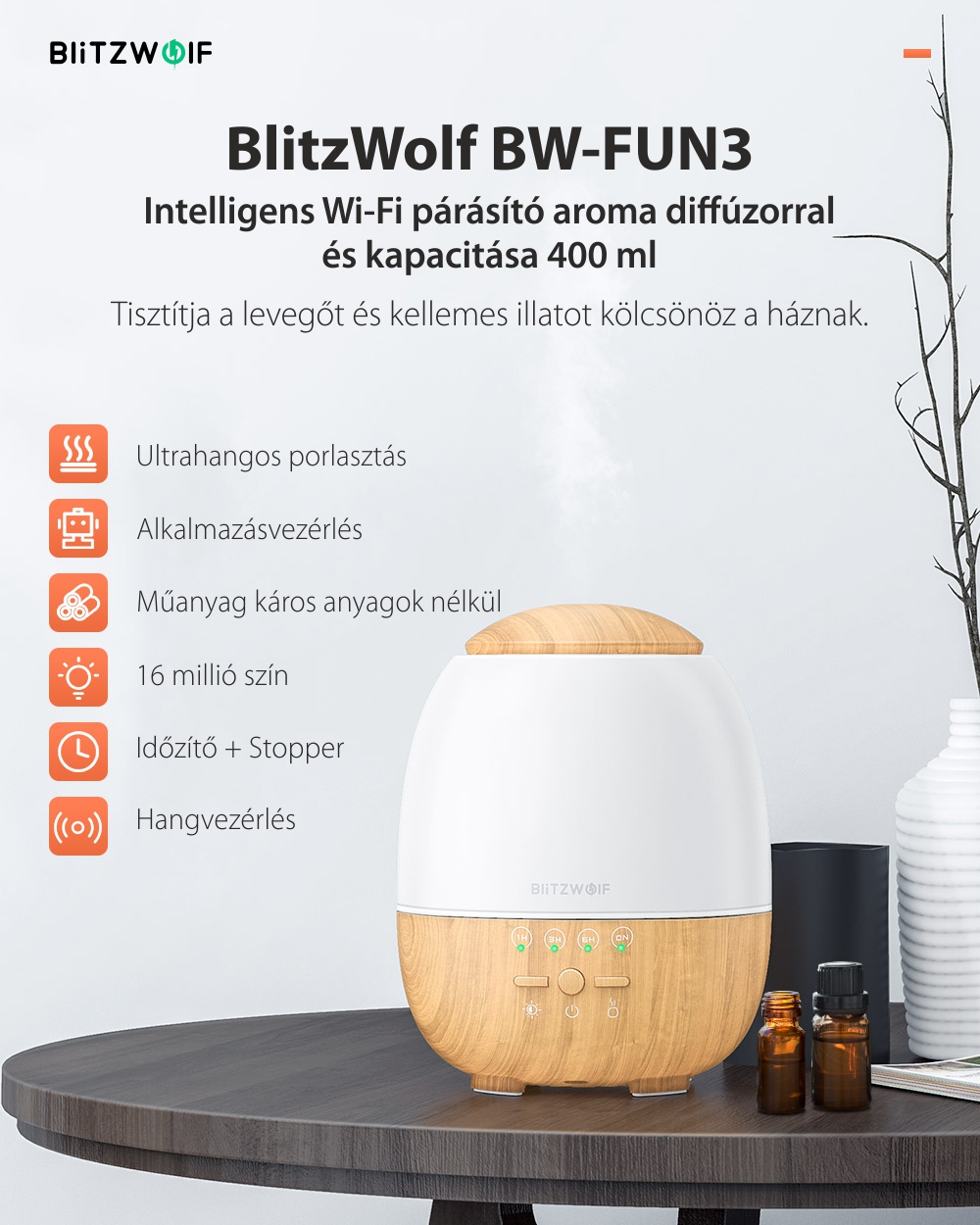 Intelligens Wi-Fi Ultrahangos Párásító BlitzWolf BW-FUN3 + RGB LED lámpa, 400 ml, Kompatibilis az Amazon Alexa és a Google Assistant-val