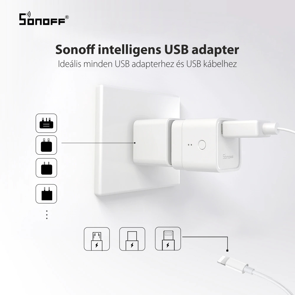 Inteligens Adapter Sonoff Smart , Micro, 5 V, Vezeték nélküli, Kompatibilis a Google Home, Alexa és eWeLink eszközökkel