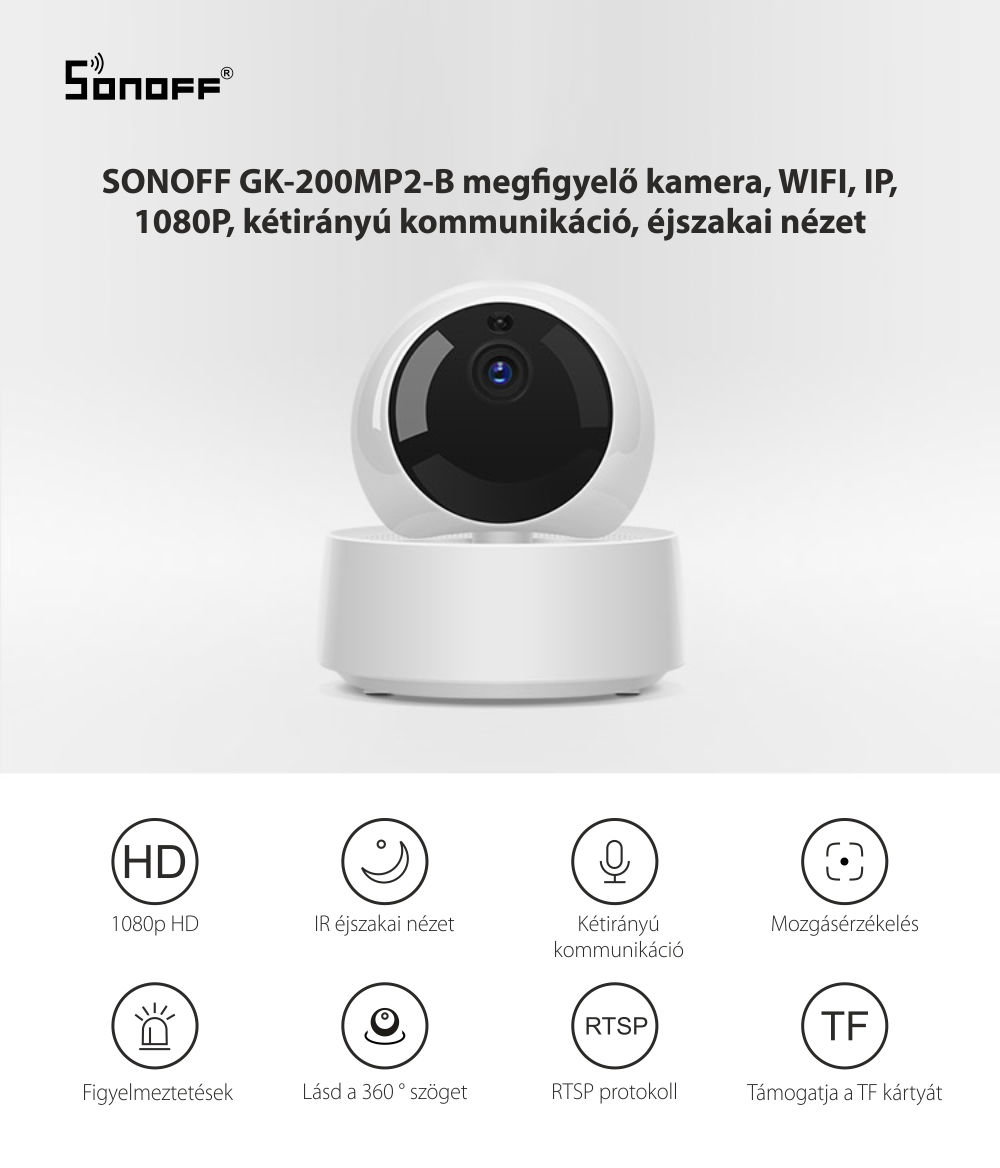 Megfigyelő Kamera SONOFF GK-200MP2-B, WIFI, IP, 1080P, Kétirányú kommunikáció, Éjszakai látás