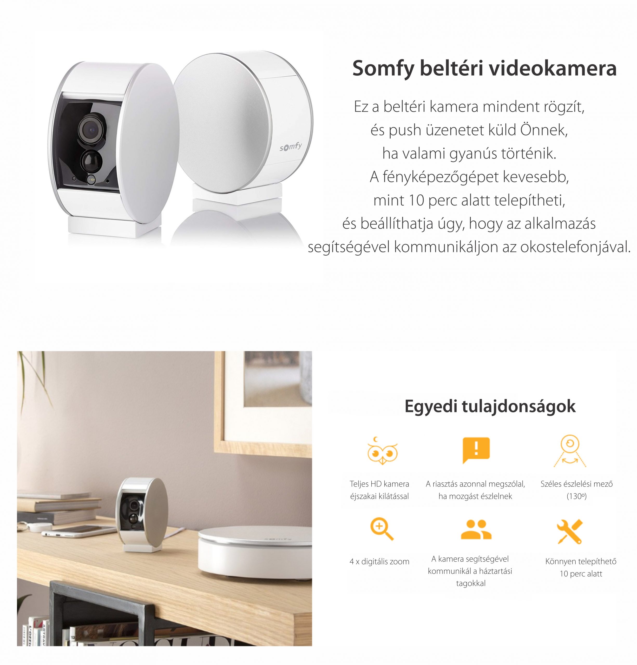 Beltéri HD Videokamera Somfy Protect , Éjszakai nézet, 8x Zoom, Kompatibilis a TaHoma, az Amazon Alexa, az IFTTT és a Nesttel