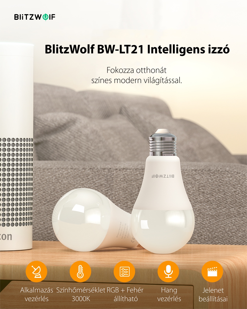 Intelligens LED Izzó RGB, BlitzWolf BW-LT21, 10 W, 900 LM, 3000K, E27, Hangvezérlés
