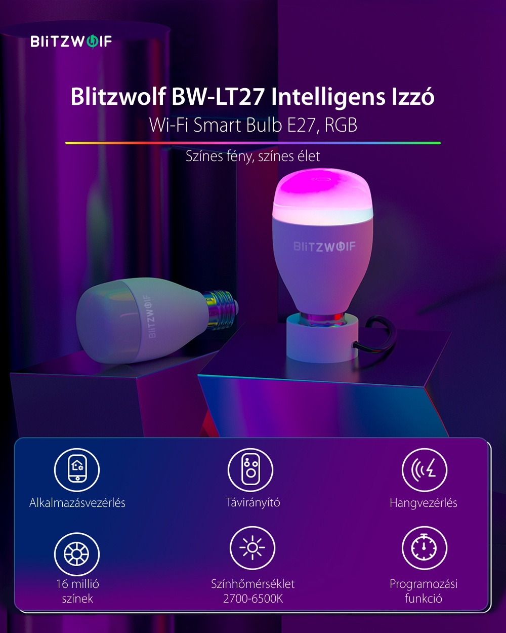 Intelligens Izzó Blitzwolf BW-LT27, Wi-Fi, E27, 9W, Hangvezérlés, 850 LM, RGB