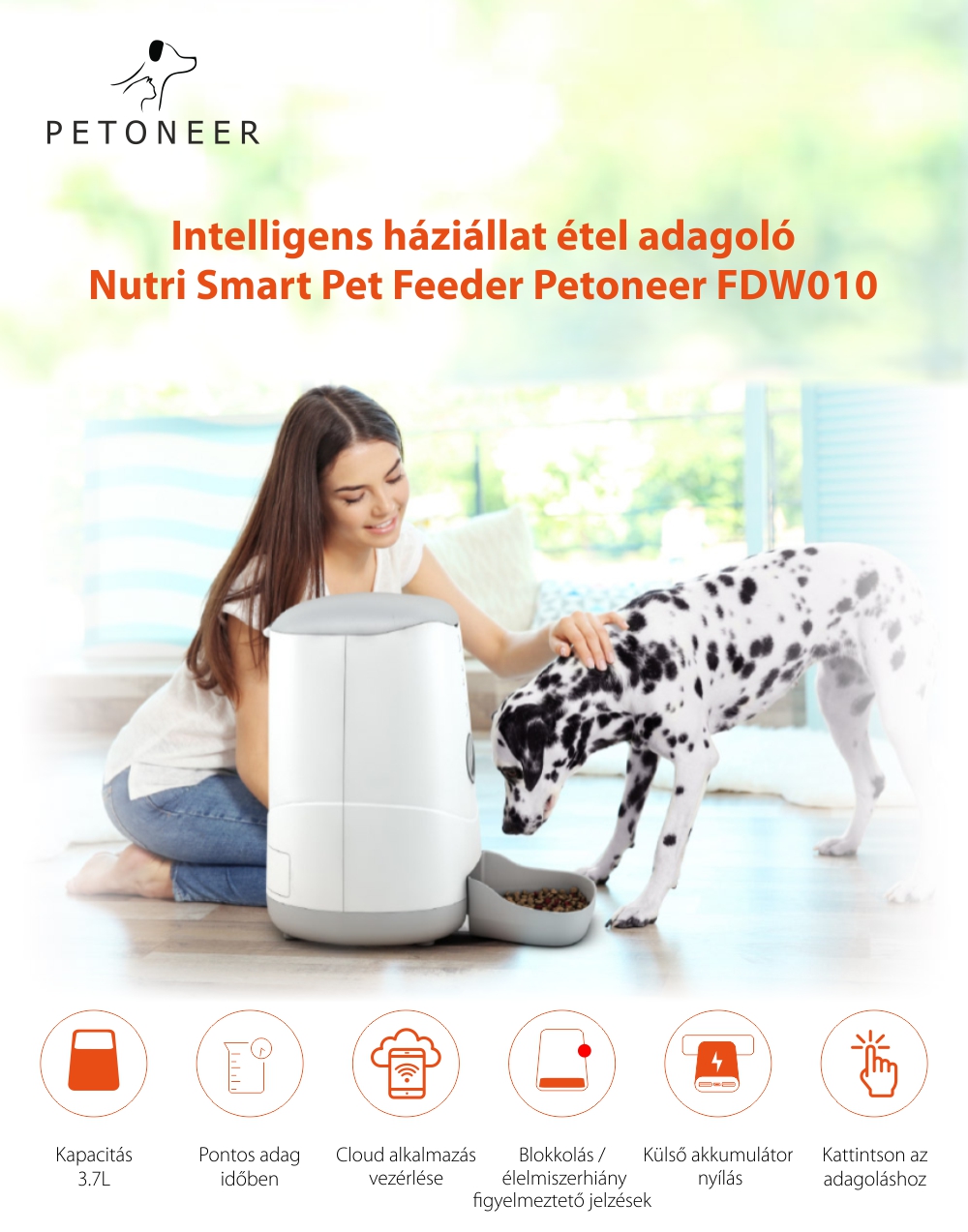 Intelligens Étel Adagoló háziállatok számára Petoneer Nutri Smart Pet Feeder, Alkalmazásvezérlés, Külső akkumulátor nyílás