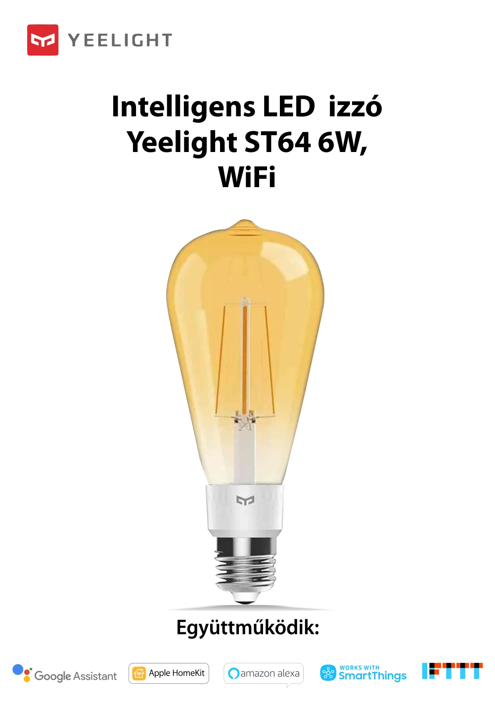 Intelligens LED Izzó Yeelight Filament ST64 , 500 lumen, Kompatibilis a Google-lal, Alexa, Homekit, IFTTT, SmartThings, Wi-Fi