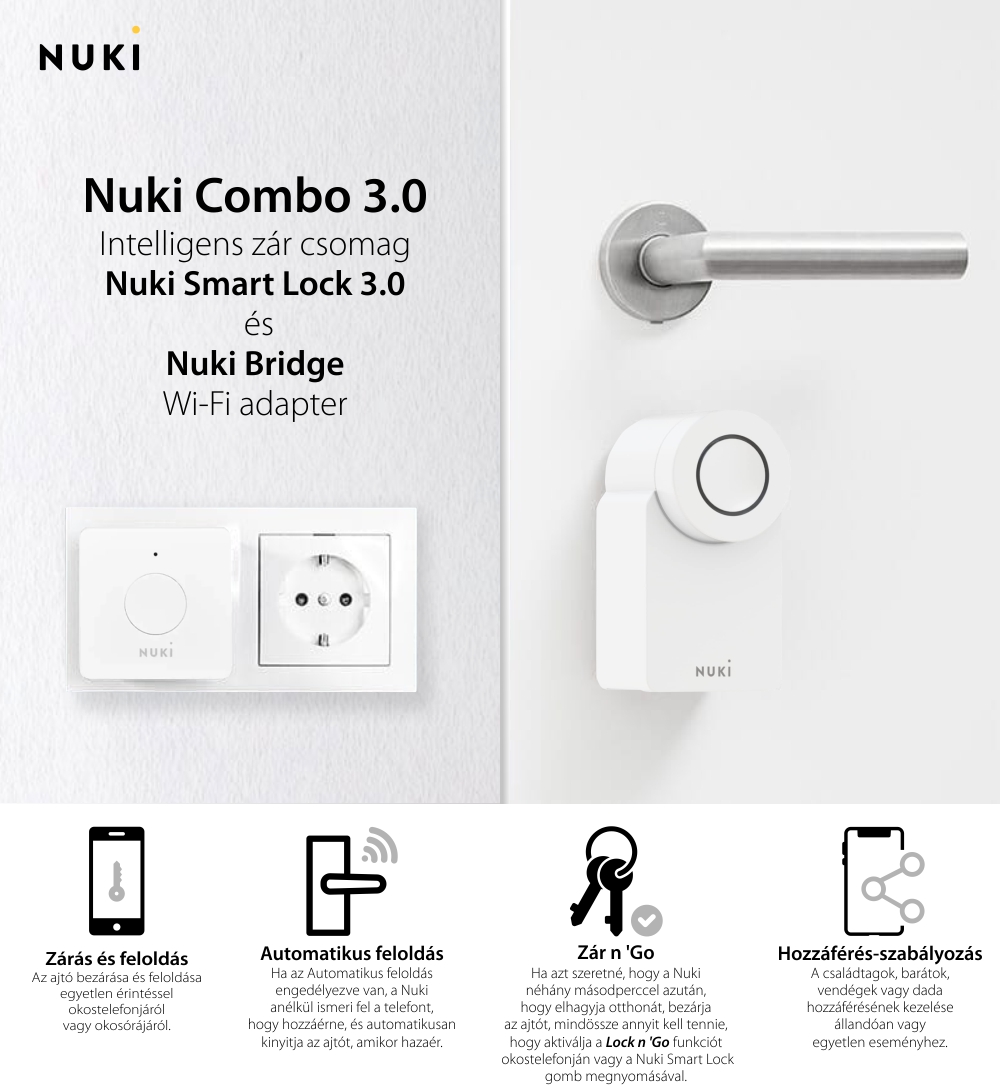Nuki Combo 3.0 Csomag, Tartalmazza a Nuki Smart Lock 3.0.-t és a Nuki Bridge-t, Vezérlés távolról alkalmazásson keresztül