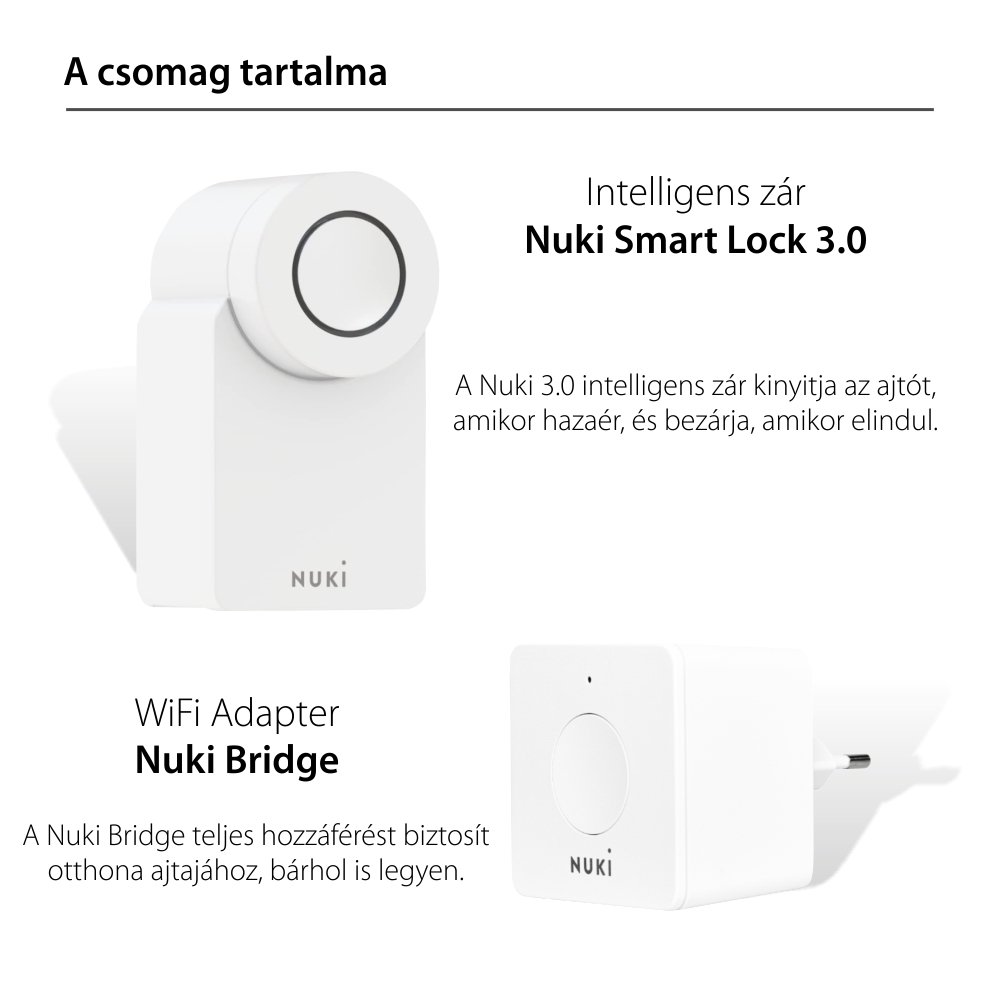 Nuki Combo 3.0 Csomag, Tartalmazza a Nuki Smart Lock 3.0.-t és a Nuki Bridge-t, Vezérlés távolról alkalmazásson keresztül