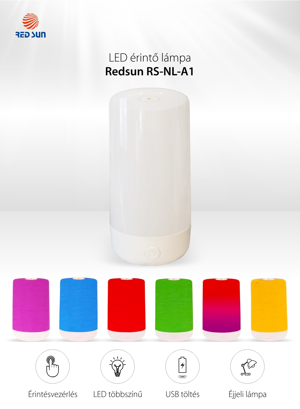 LED Lámpa RedSun, Többszínű, Érintőképernyő, USB töltés, Intenzitás szabályozás