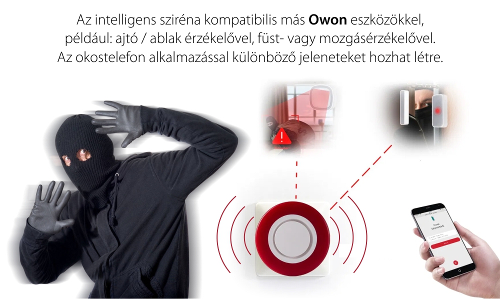 Owon Intelligens Sziréna, Alkalmazásvezérlés, ZigBee integráció, 95 dB, Tartalék akkumulátor 700 mAh