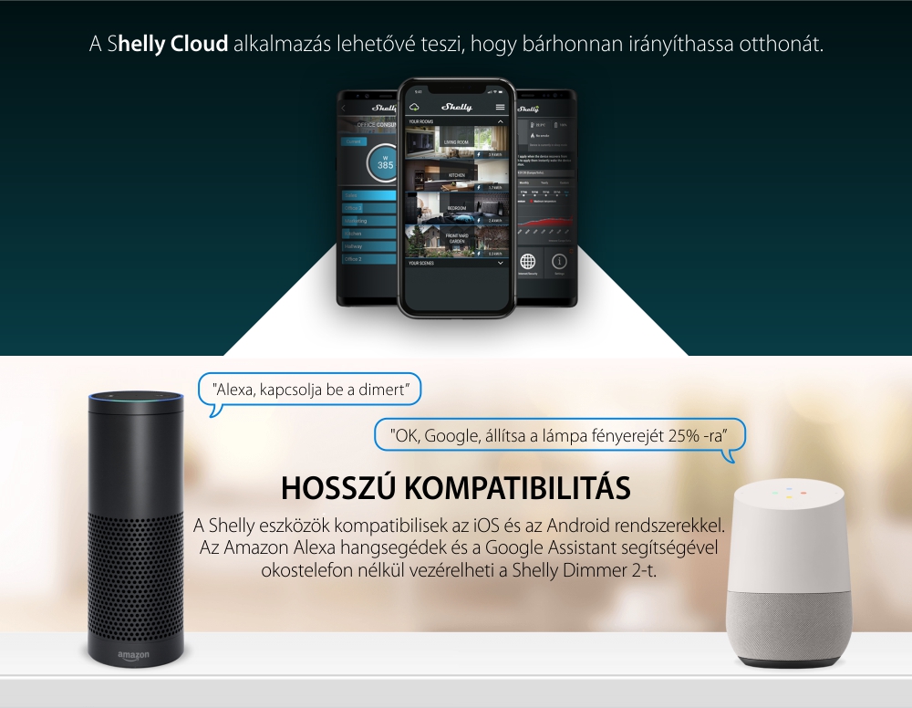 2 db Intelligens relé a Shelly Dimmer 2 lámpákhoz, Wi-Fi, 1 csatornás, kompatibilis az Amazon Alexa és a Google Assistant