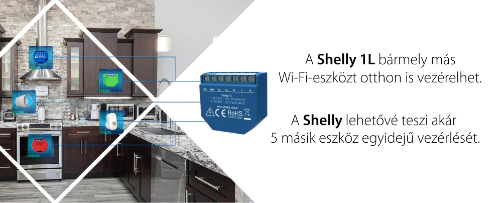 Intelligens Relé a Shelly 1L automatizálásához, Wi-Fi, 20 W, Alkalmazásvezérlés, Kompatibilis az Amazon Alexa és a Google Assistant programmal