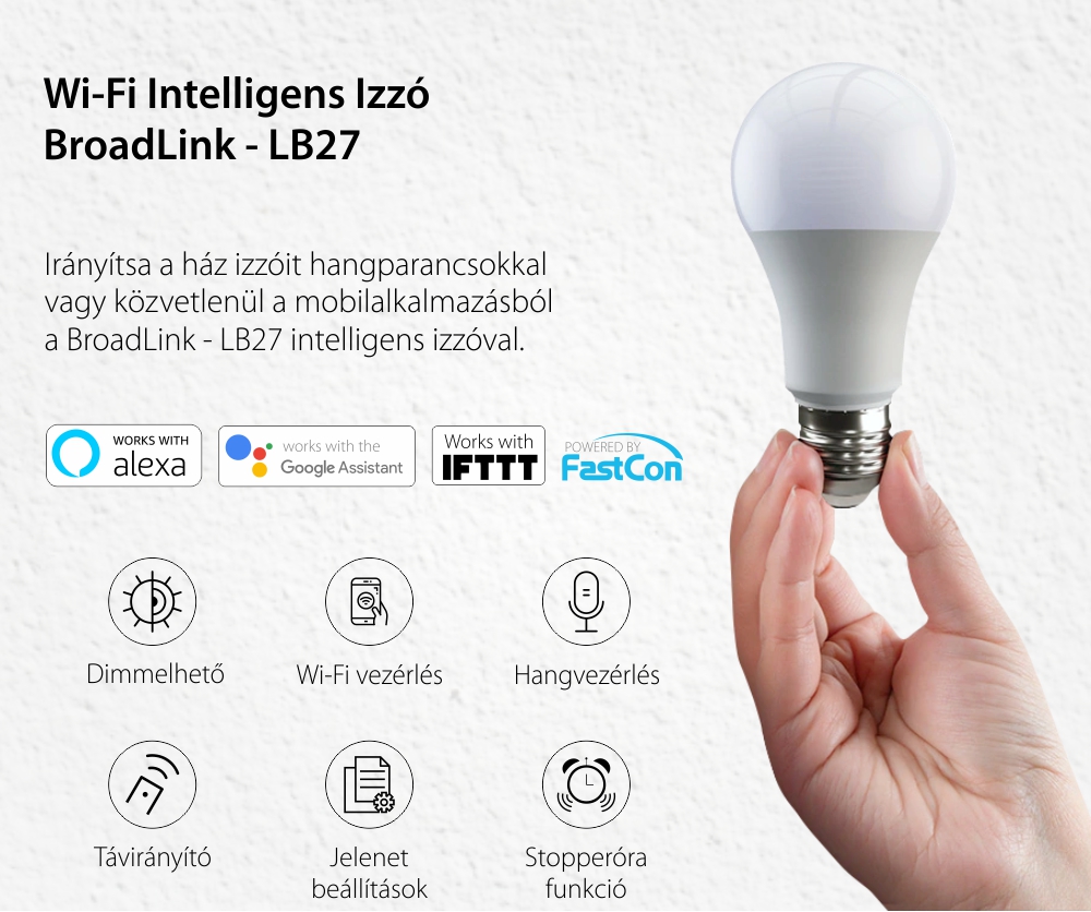 Intelligens Izzó BroadLink Wi-Fi LB27, A60, 800 LM, Dimmer, 10W teljesítmény, Alkalmazásvezérlés