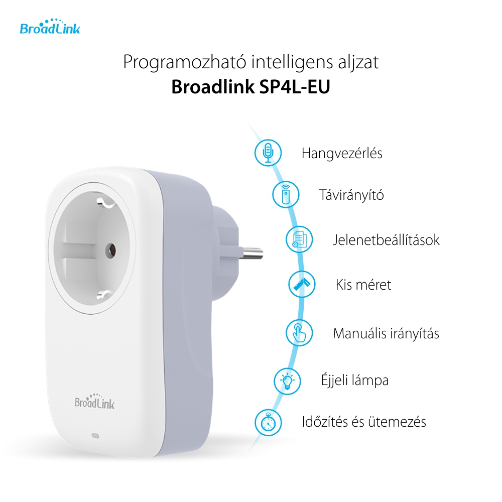 Okos Konnektor BroadLink SP4L-EU, Wi-Fi, 16A, Programozható, Alkalmazásvezérlés, Készenléti fény