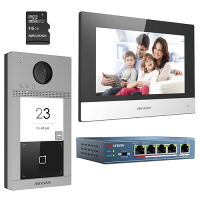 HikVision DS-KIS604-S Családi Videó Kaputelefon készlet, 2MP kültéri állomás, 7 hüvelykes monitor, 16 GB memóriakártya