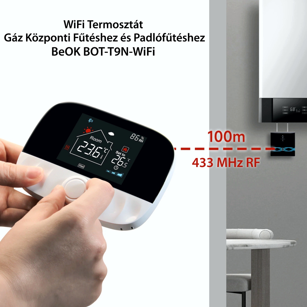 Wi-Fi Termosztát Gázkazánhoz és Padlófűtéshez BeOk BOT-T9N-WiFi