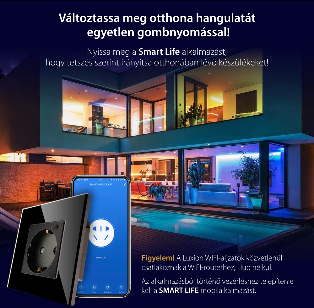 LUXION Wi-Fi Okos Konnektor Üvegkerettel, Fogyasztásfigyeléssel, Smart Life Alkalmazásvezérlés
