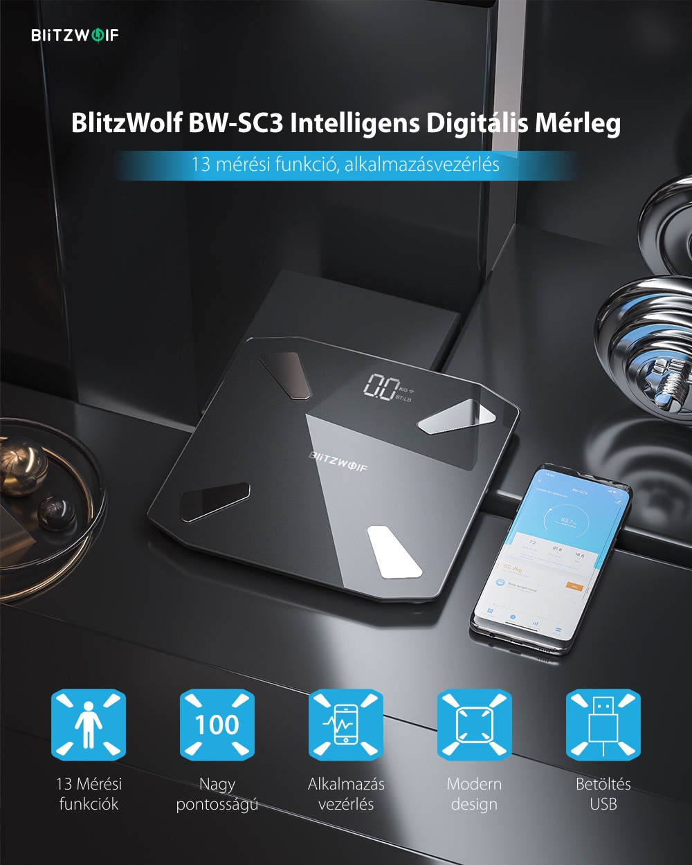 Intelligens Digitális Okos Mérleg BlitzWolf BW-SC3, Smart, 7000 mAh akkumulátor,13 testmérési funkcióval
