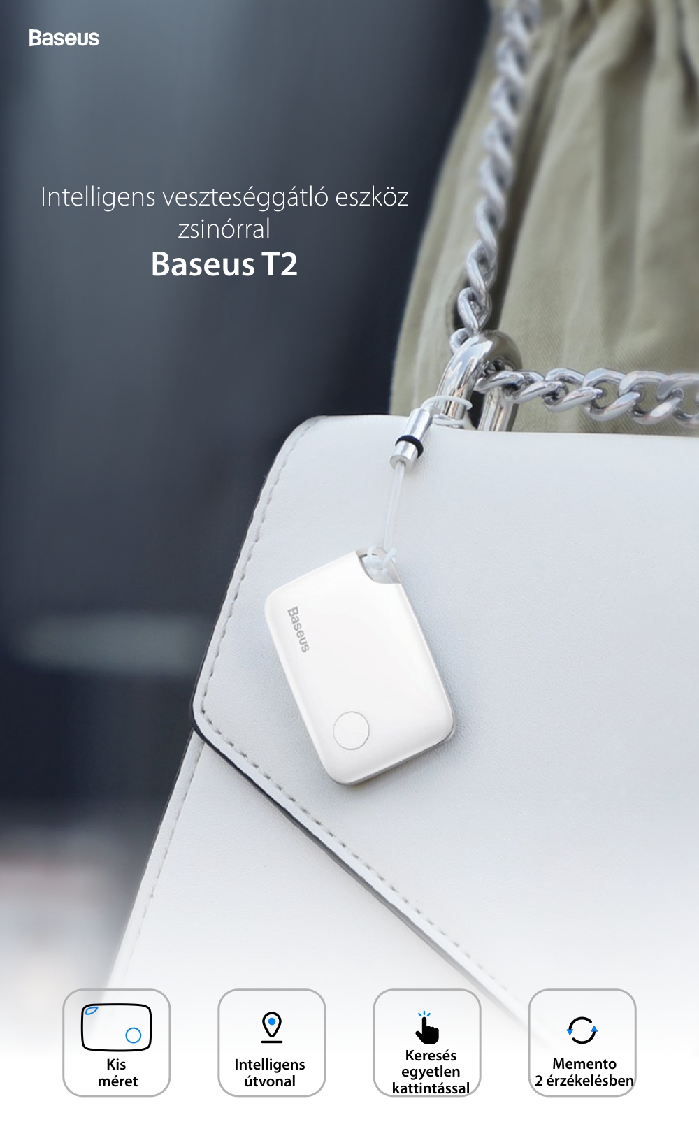 Baseus T2 Okos Elvesztéselleni Készülék, Bluetooth, App figyelés, 75 mAh akkumulátor, 100 dB riasztás