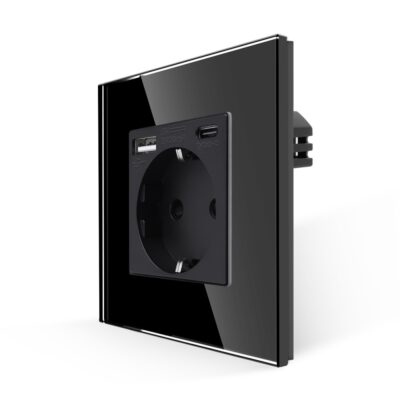 Luxion Egyszerű Dugalj – Konnektor + USB-A + USB-C Üvegkerettel szin fekete
