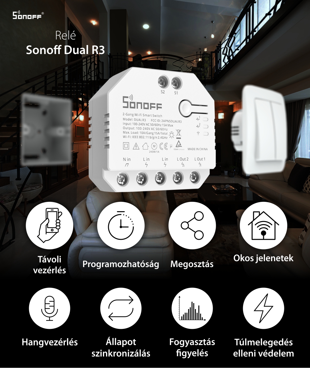 Sonoff Dual R3 Relé 2 csatorna, Programozás, Wi-Fi 2,4 GHz, Energiamérő