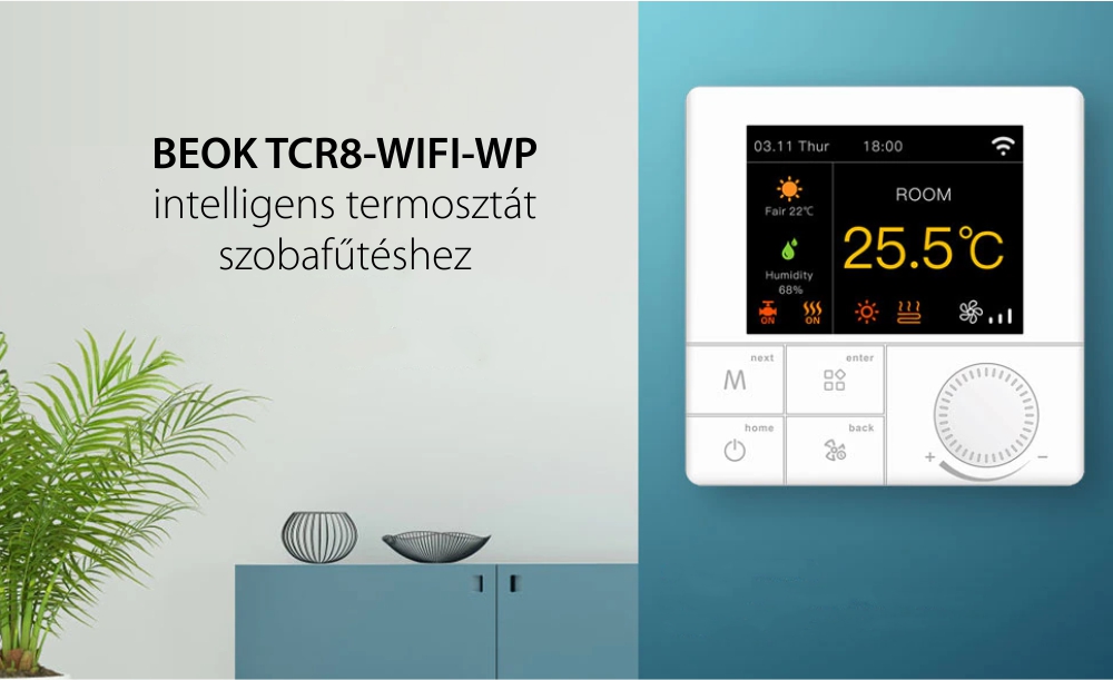 BeOk TCR8-WIFI-WP(3A) Wi-Fi Okos Termosztát Gáz kazánhoz, Programozható, Alexa, Google, Smart Life alkalmazás